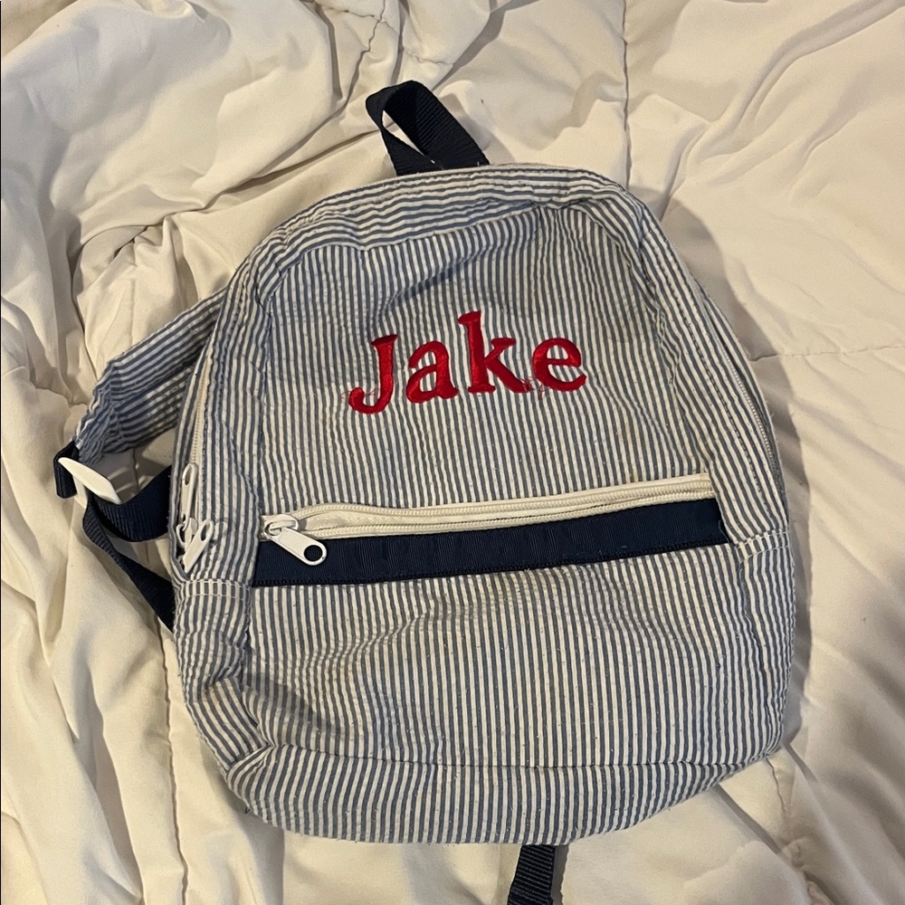 Personalized Blue and White Seersucker Kids Backpack